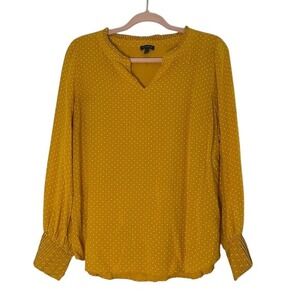 Talbots Women Mustard Yellow Polka Dot Ruffle Neck V-Neck Long Sleeve Top L